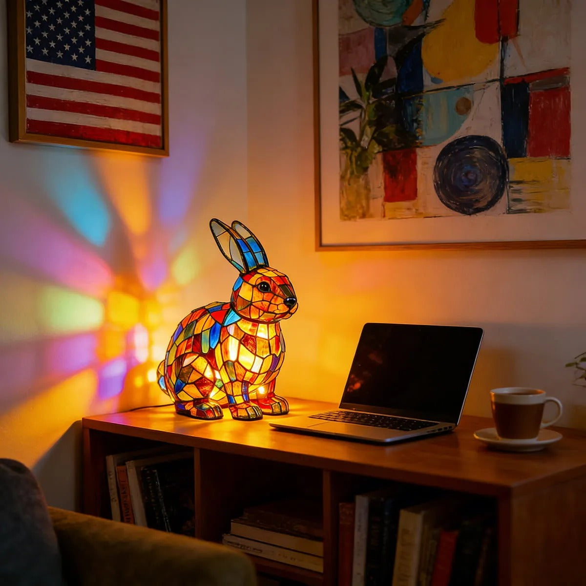 Hoeurva üvegmozaik lámpa erdei nyuszi stílusban 🐰✨